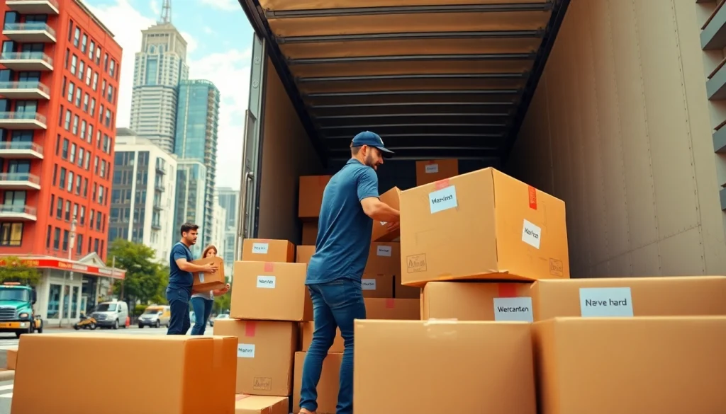 Movers demonstrating teamwork with efficiency while loading boxes, representing moving companies across provinces.