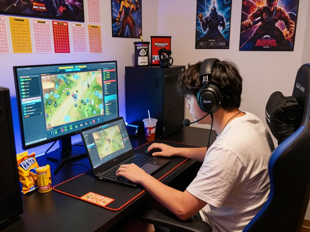 Engaging online gaming setup with Bandar Togel betting screens and colorful lottery tickets in an immersive atmosphere