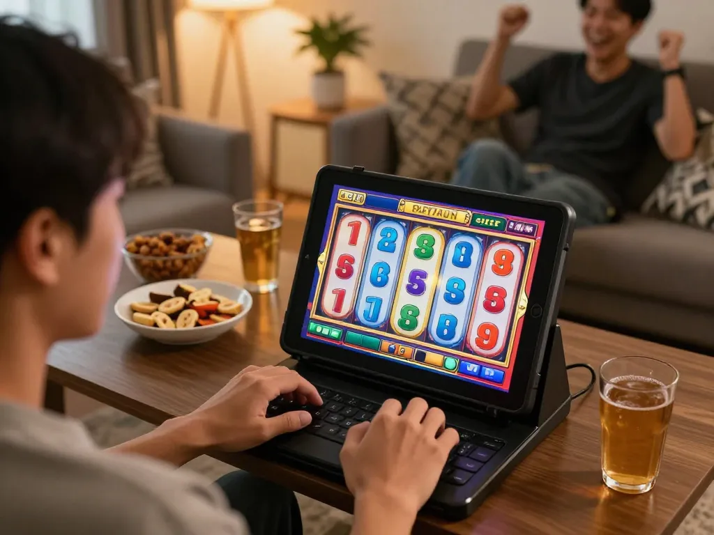 Engaged player using tablet to play situs slot gacor, vibrant colors and lively gaming atmosphere.
