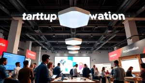 Participants network and share ideas at a startup innovation conference filled with technology and collaboration.