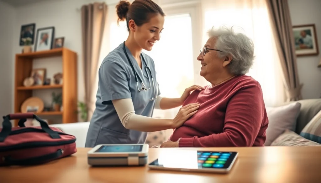 Engaging caregiver providing personalized home healthcare services to an elderly client indoors.