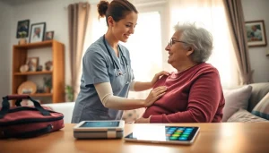 Engaging caregiver providing personalized home healthcare services to an elderly client indoors.