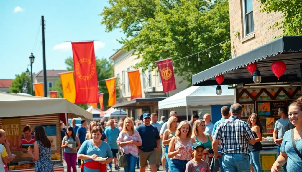 Clarksburg events capturing a festive outdoor festival atmosphere with colorful stalls.