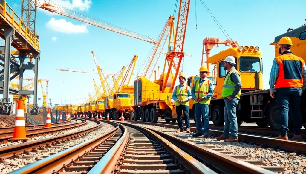 Railroad Contractors supervising a construction site with heavy machinery and tracks.
