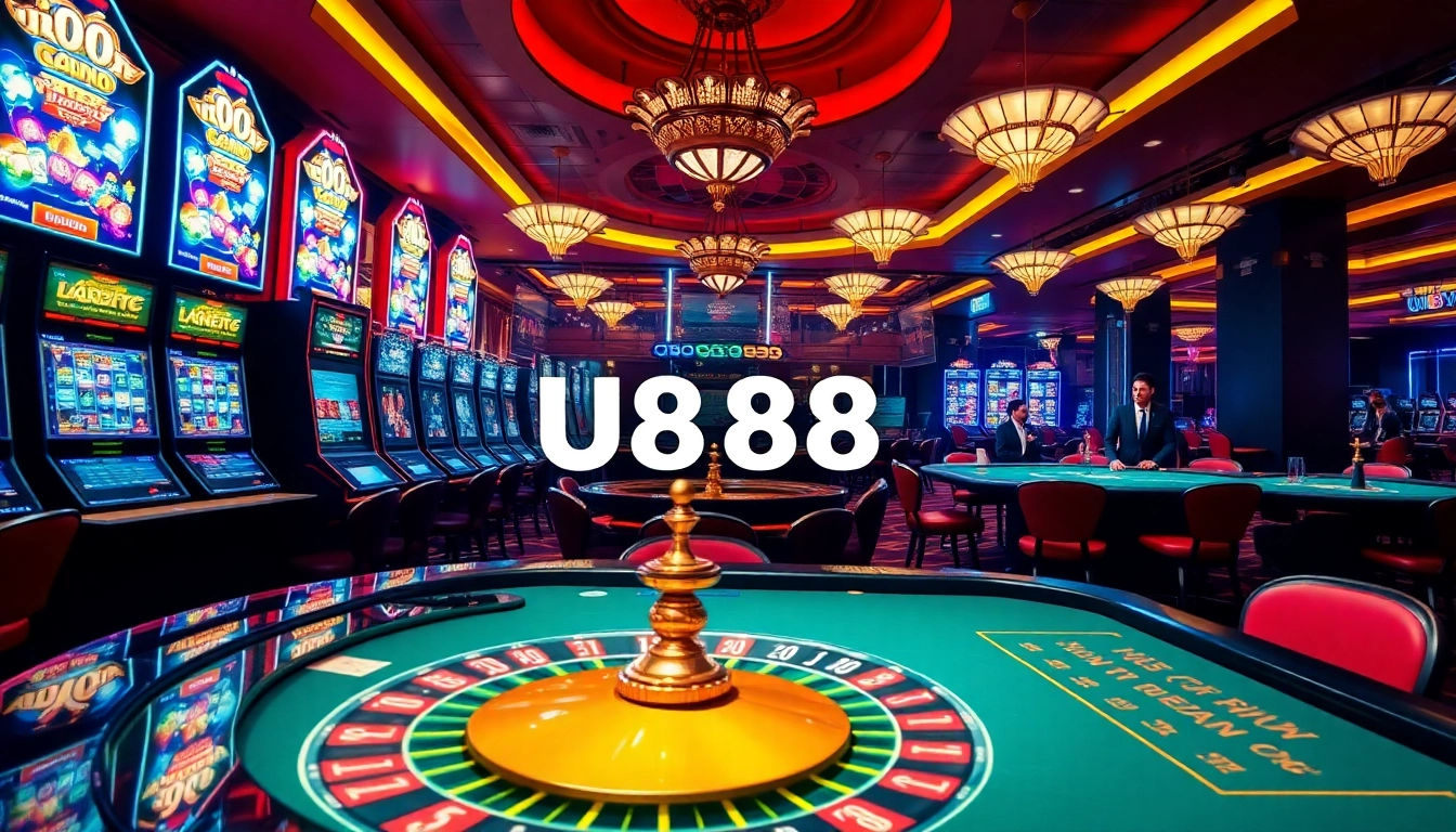 U888 online casino platform showcasing vibrant slot machines and poker tables.