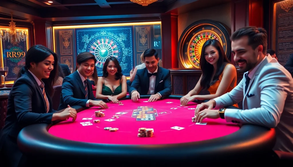 Enjoy a thrilling game of poker at RR99, featuring vibrant chips and an elegant gaming table.