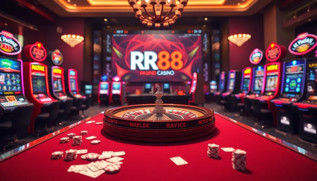 RR88 casino scene with poker chips and vibrant slot machines creating an exciting gambling atmosphere.