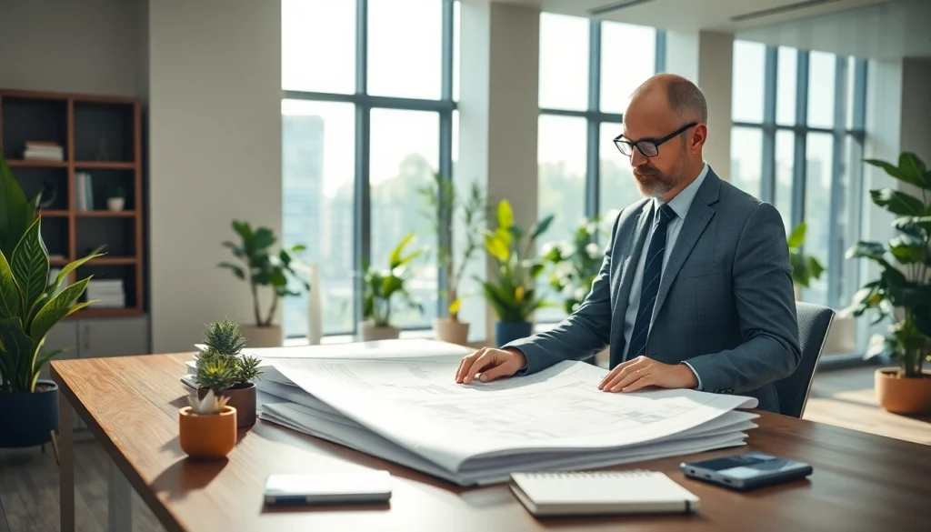 CYB Environmental consultant reviewing plans in a bright office, emphasizing sustainability and professionalism.