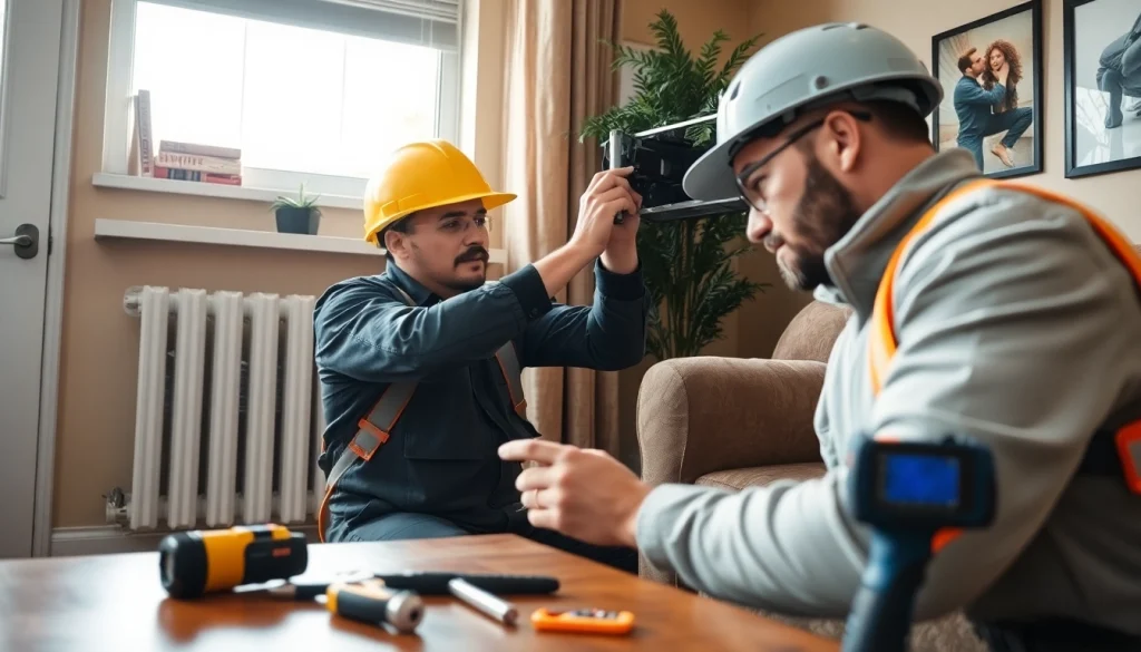 Technician performs emergency heating repair with tools in cozy living room.
