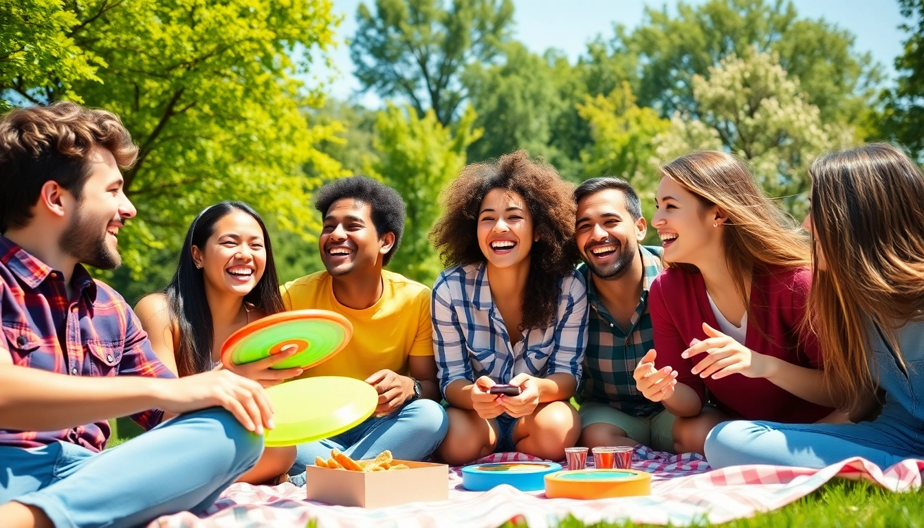 Friends enjoying Games to play with friends in a sunny park, showcasing joy and camaraderie.