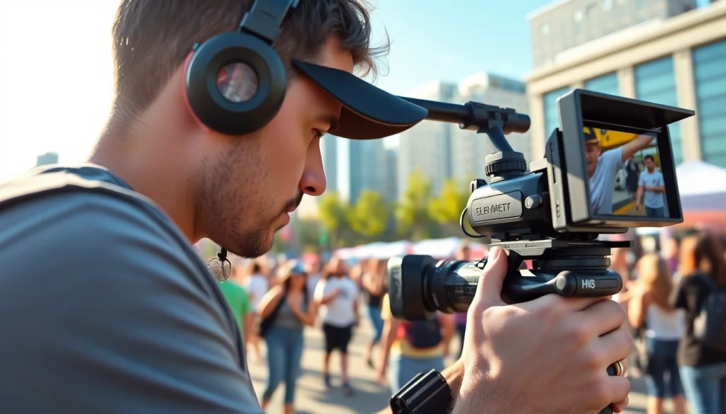 Edmonton videographer skillfully capturing outdoor event moments against a vibrant city backdrop.