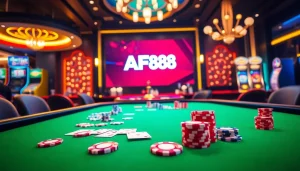 Experience the thrill of casino gaming with AF88 logo amid vibrant poker chips and cards.
