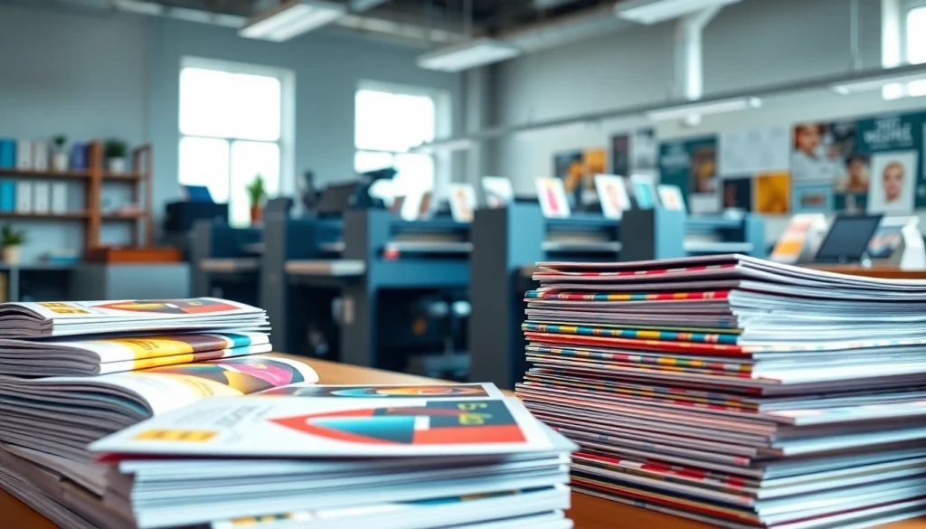 Showcasing Edmonton printing services with vibrant printed materials in a modern workspace.