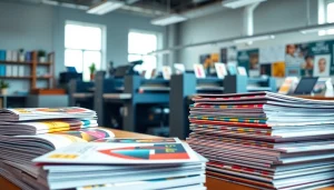 Showcasing Edmonton printing services with vibrant printed materials in a modern workspace.