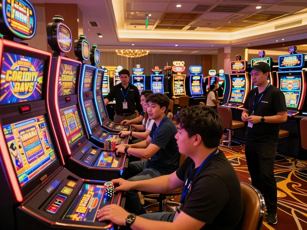 Pemain antusias menikmati permainan slot gacor dalam suasana kasino yang meriah.
