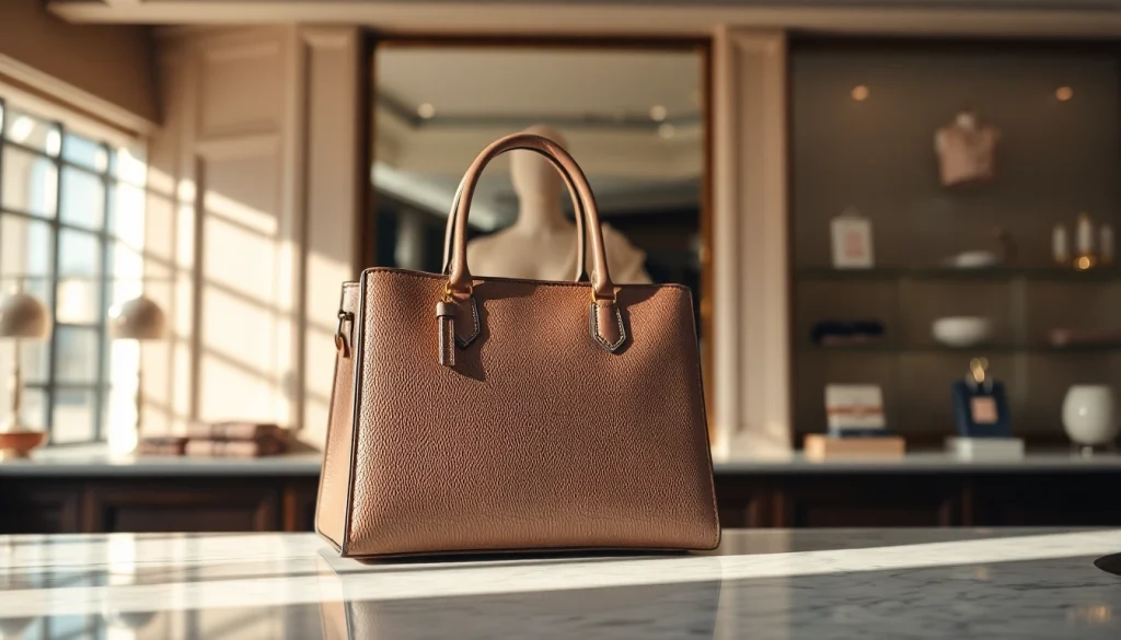 레플리카 가방이 대리석 테이블 위에 우아하게 전시되어 있는 장면.