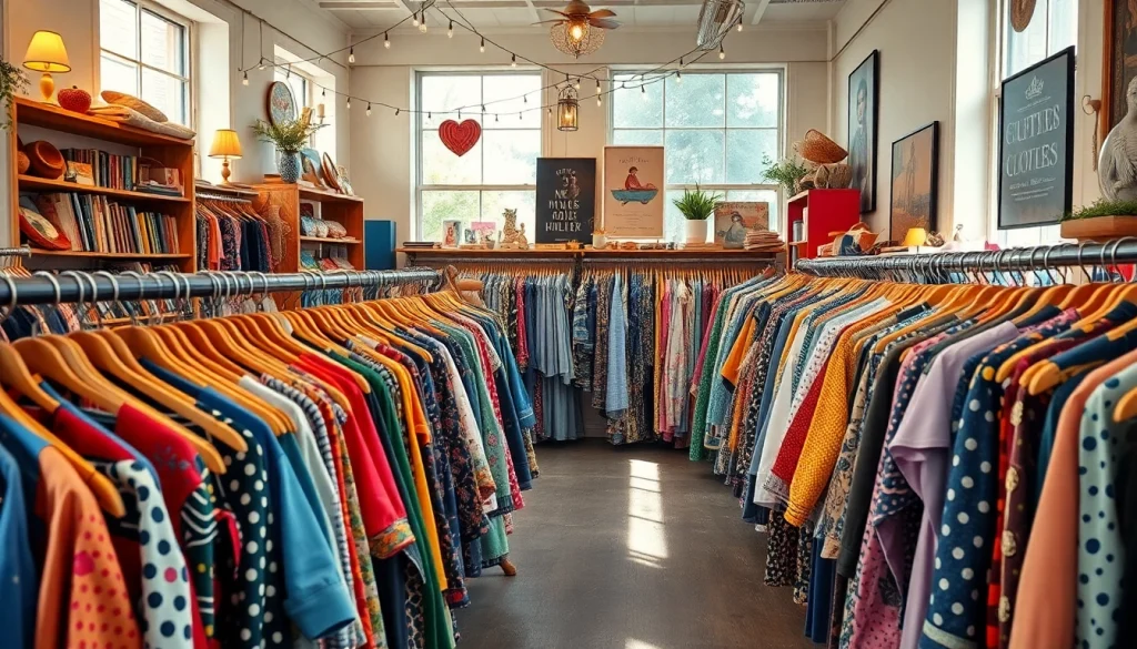 Browse unique styles at a Second hand clothing store filled with vibrant vintage pieces.