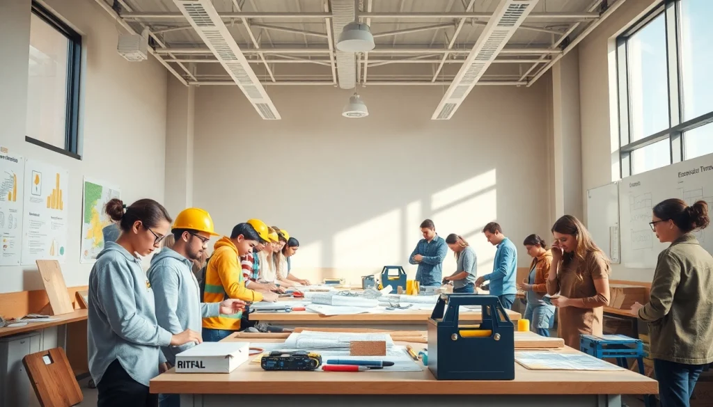 Engaged students in construction education learning hands-on skills in a modern classroom.