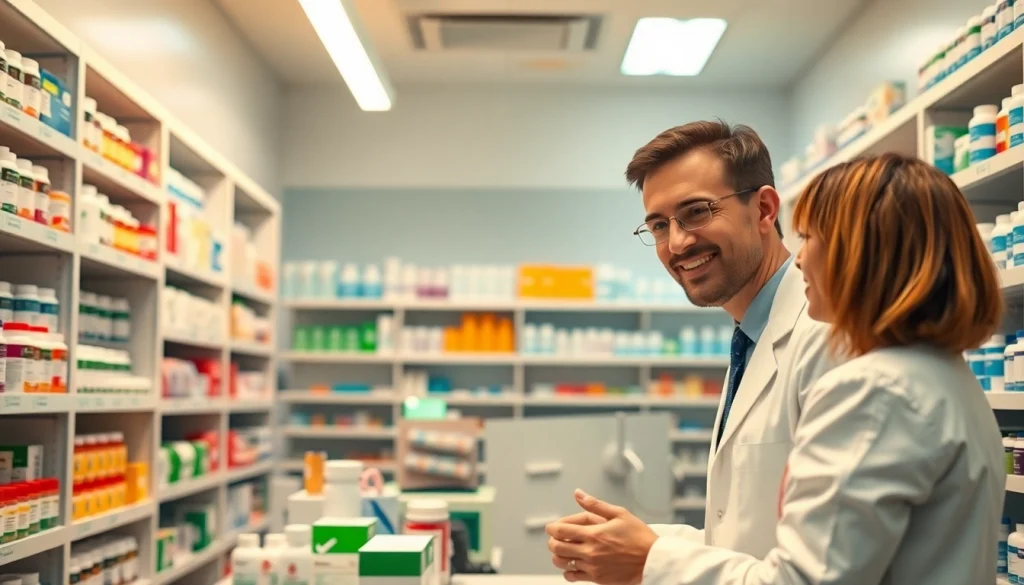 MediClick Pharmacy’s pharmacist assisting a customer in a vibrant and trusting setting.