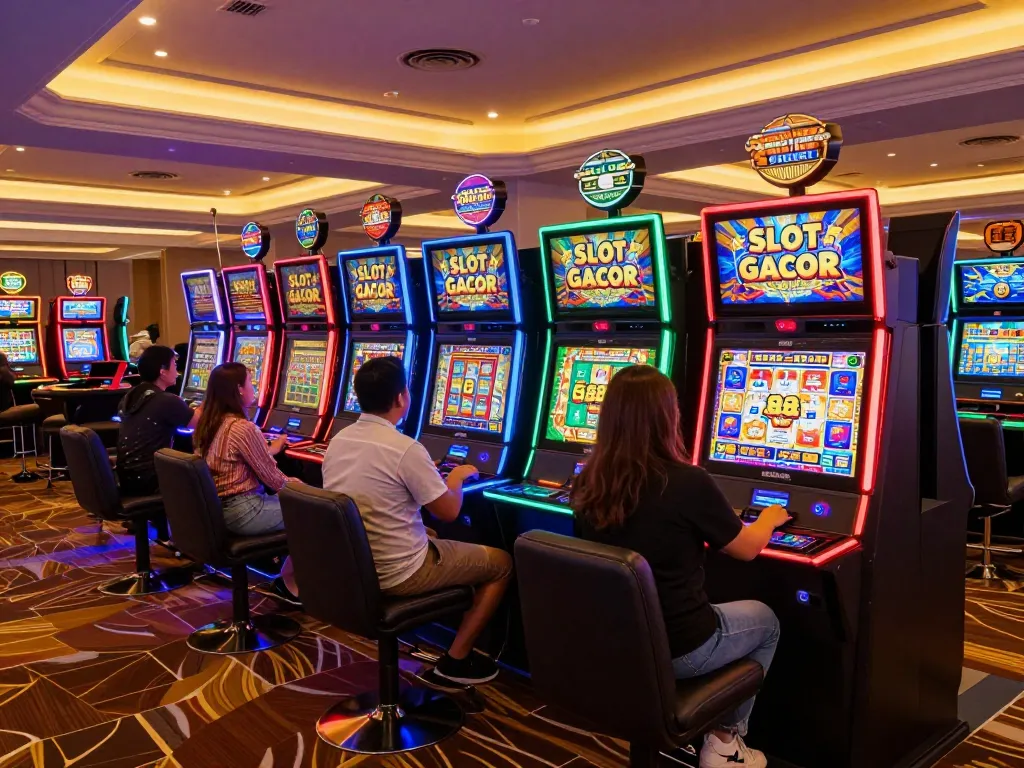 SLOT GACOR players enjoying vibrant slot machines under colorful lights