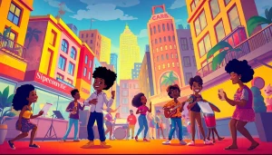 A lively animated scene showcasing characters from African American cartoons celebrating culture and diversity.