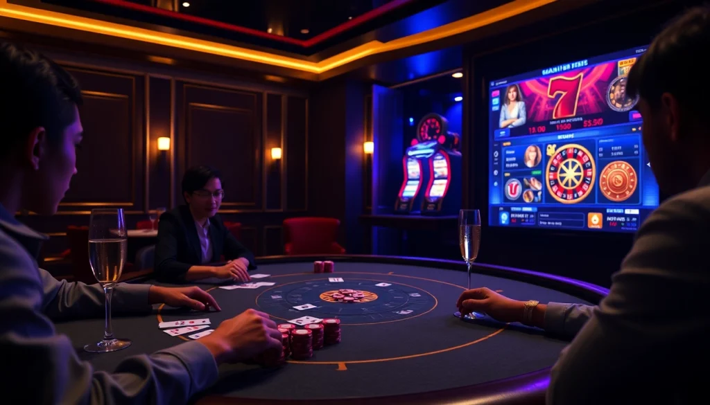 Une action palpitante à une table de poker de casino en ligne, mettant en avant des jetons et des cartes vibrants.