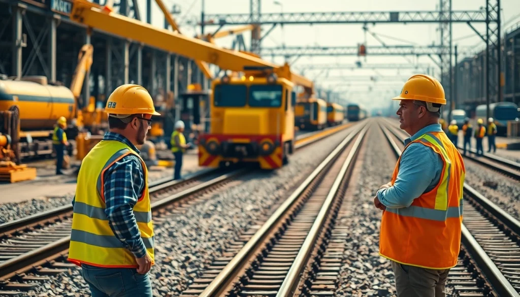 Railroad Contractors overseeing installation in a railway yard with vibrant colors and construction machinery.