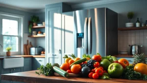Refrigerator displaying fresh produce in a bright, modern kitchen setting.