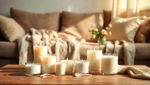 Mirisne svece na drvenom stolu u udobnom ambijentu, stvarajući opuštajuću atmosferu.