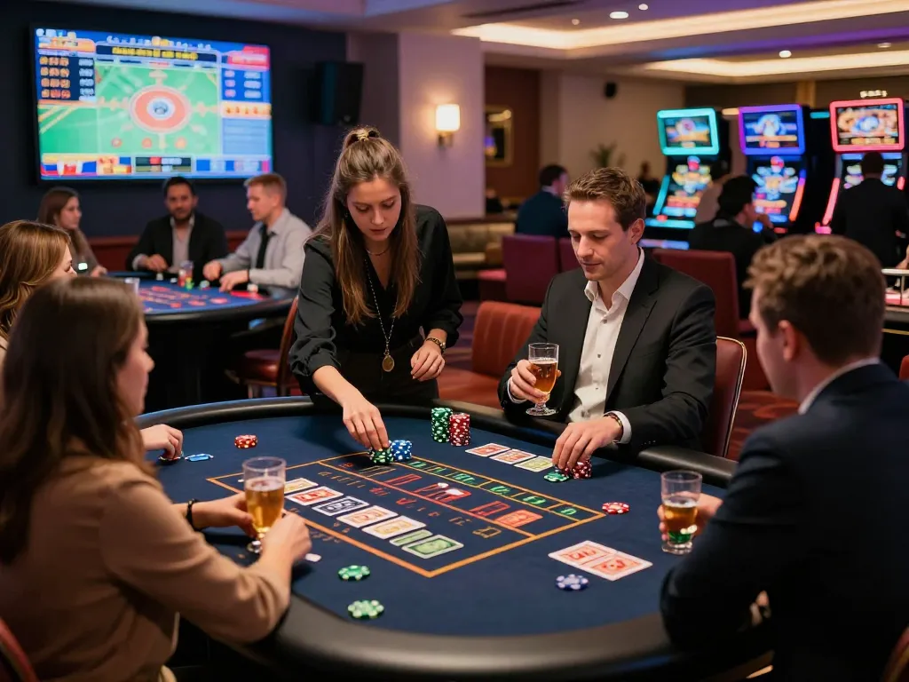 Engaging atmosphere at https://bong99.pro/ live casino with players at tables and dealers.