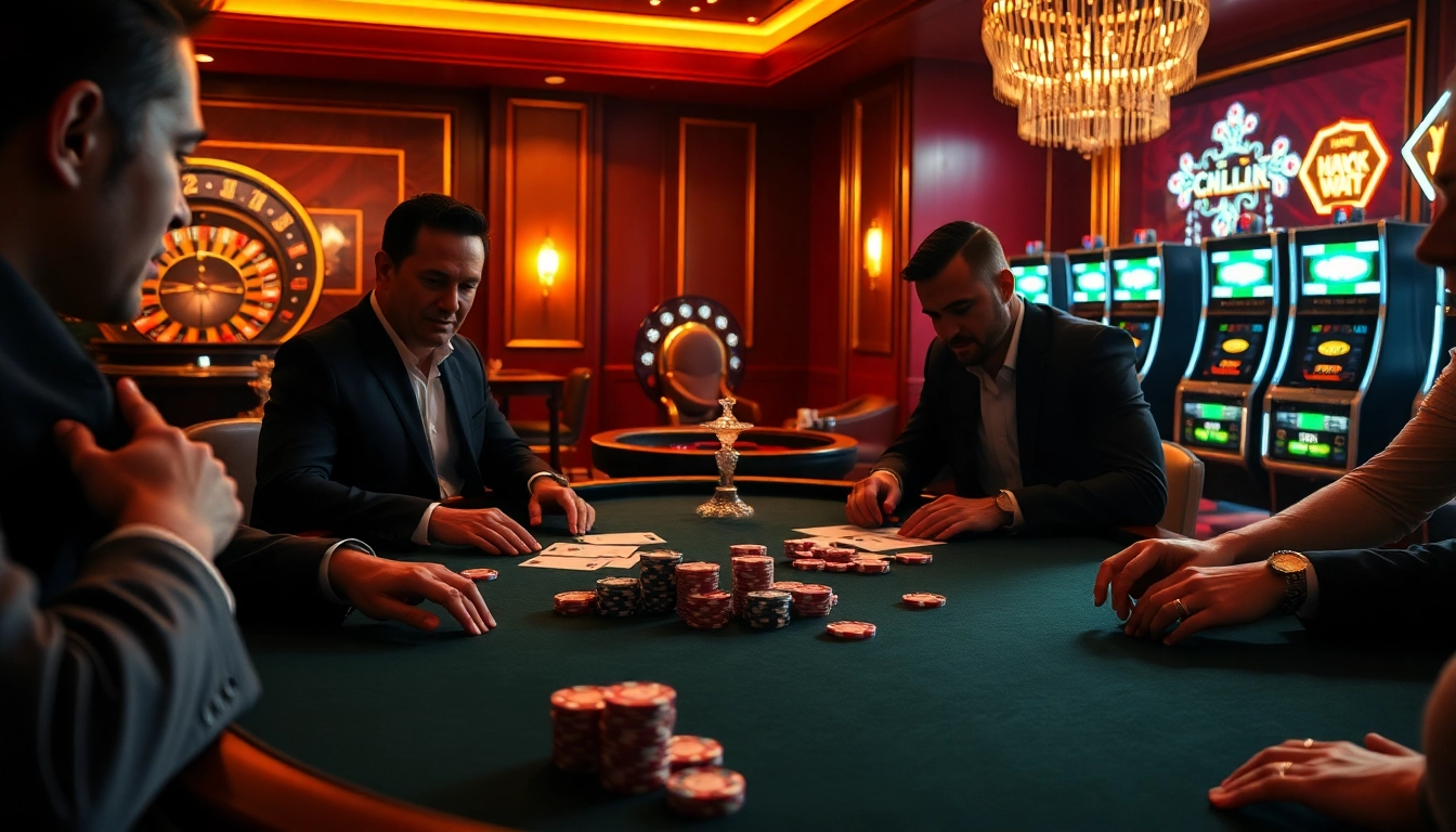 Scène de table de poker à enjeux élevés avec des joueurs et des éléments de casino en ligne, présentant un gameplay palpitant.