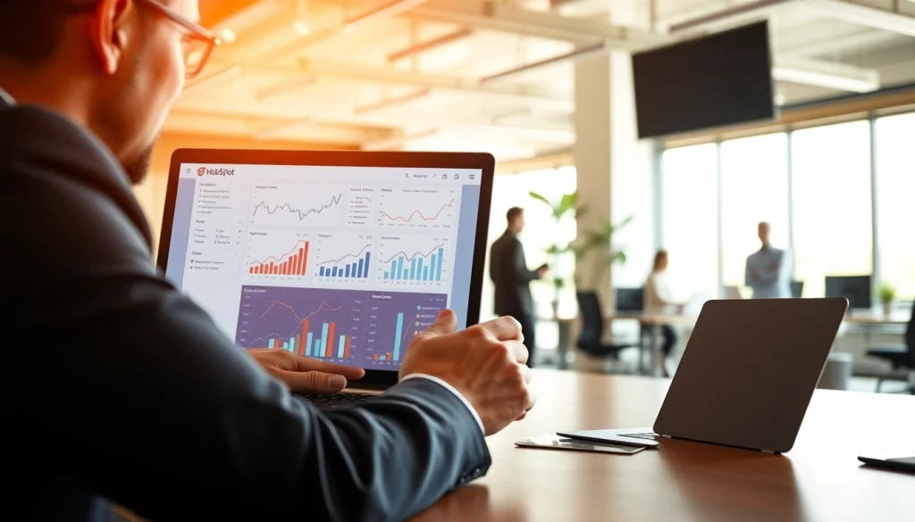 Engaging with hubspot crm free interface in a productive office environment.