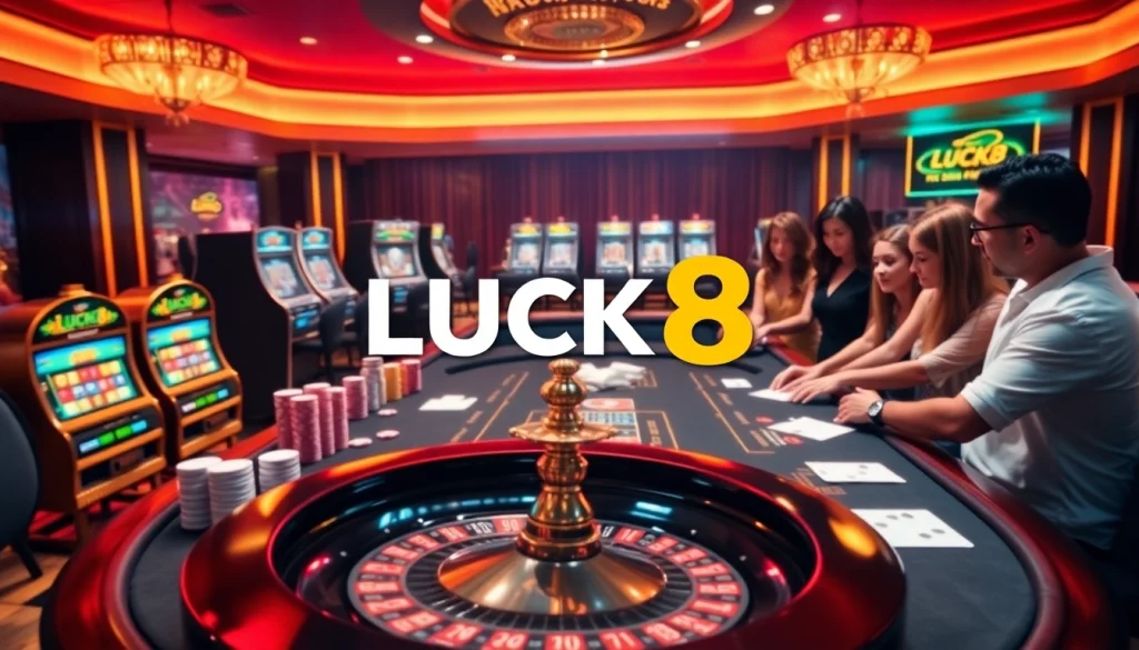 Experience the thrill of winning at LUCK8's vibrant casino environment, showcasing poker and slot machines.