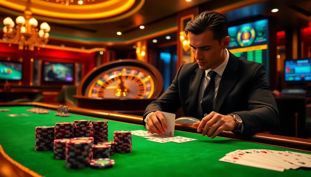 Scène de casino en ligne vibrante mettant en avant une table de jeu élégante grouillant d'excitation et de luxe.