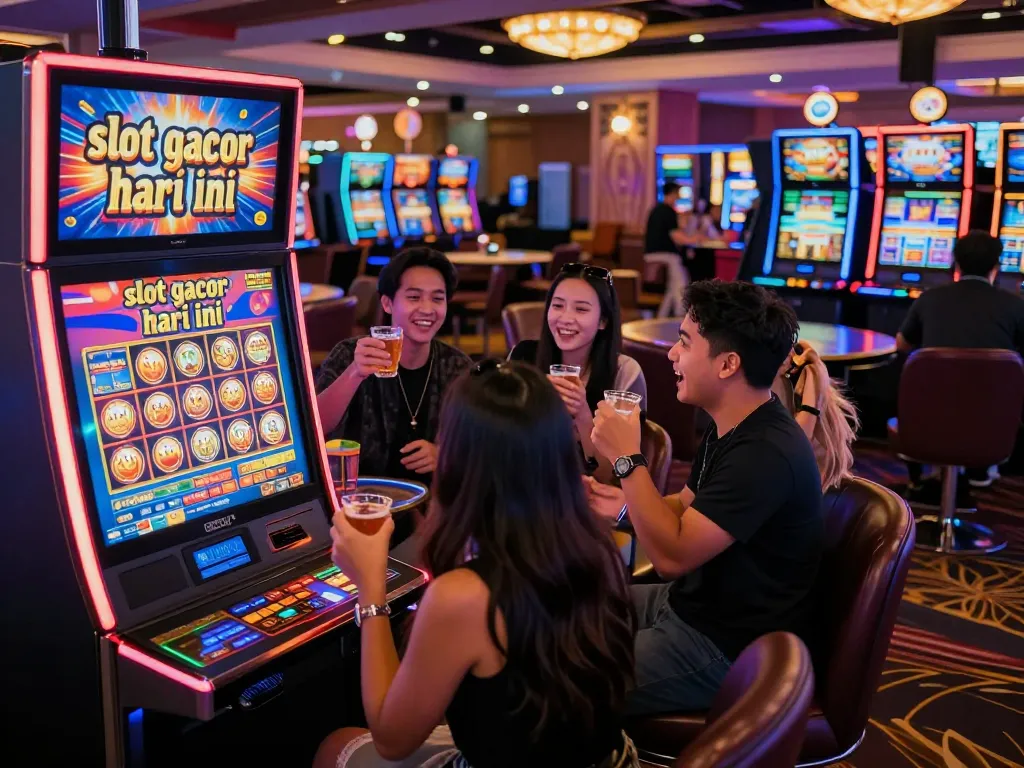 Exciting scene of friends celebrating at a slot machine highlighting slot gacor hari ini in a vibrant casino atmosphere.
