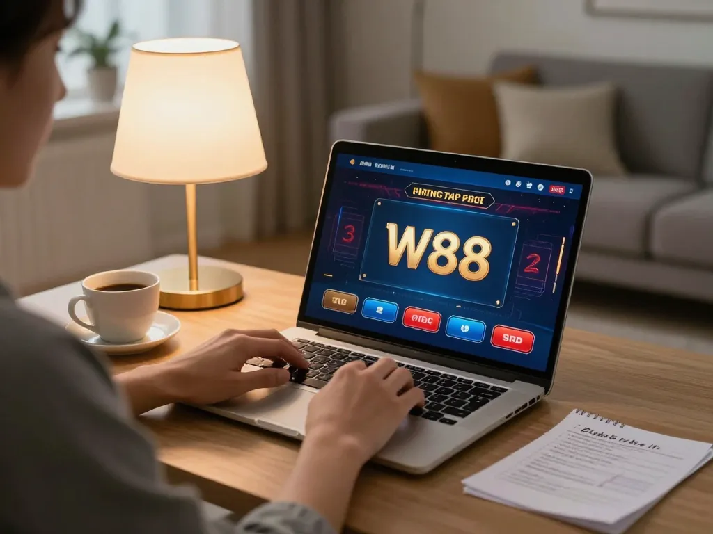 Player enjoys W88 online casino games in a cozy home setup with stylish decor.