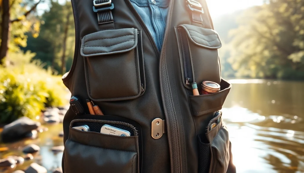 Action-packed scene showcasing a fly fishing vest with gear by a tranquil river.