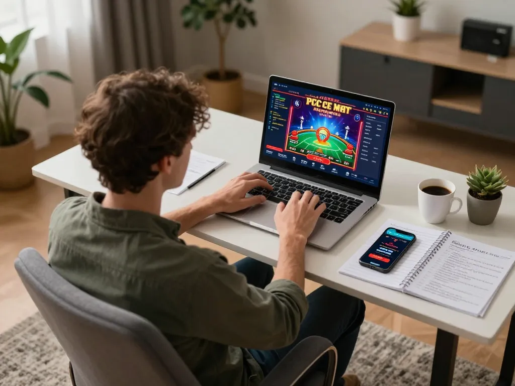 Tại 56win, a player engages in an online casino game from a cozy home setup, illustrating modern gambling.
