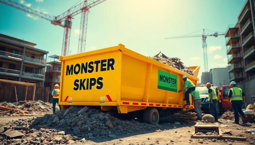 Workers efficiently loading debris into a Monster Skips at a busy construction site.