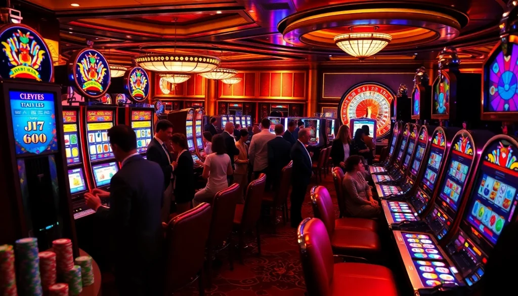 Experience the thrill of slot machines with glamorous casino visuals and excited players.