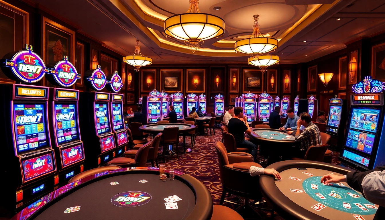 Exciting slot machines displaying "new77" in a vibrant casino atmosphere with poker games in progress.