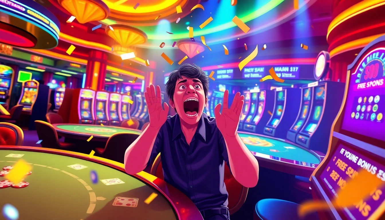 Excited player receiving casino bonuses amidst colorful casino atmosphere.