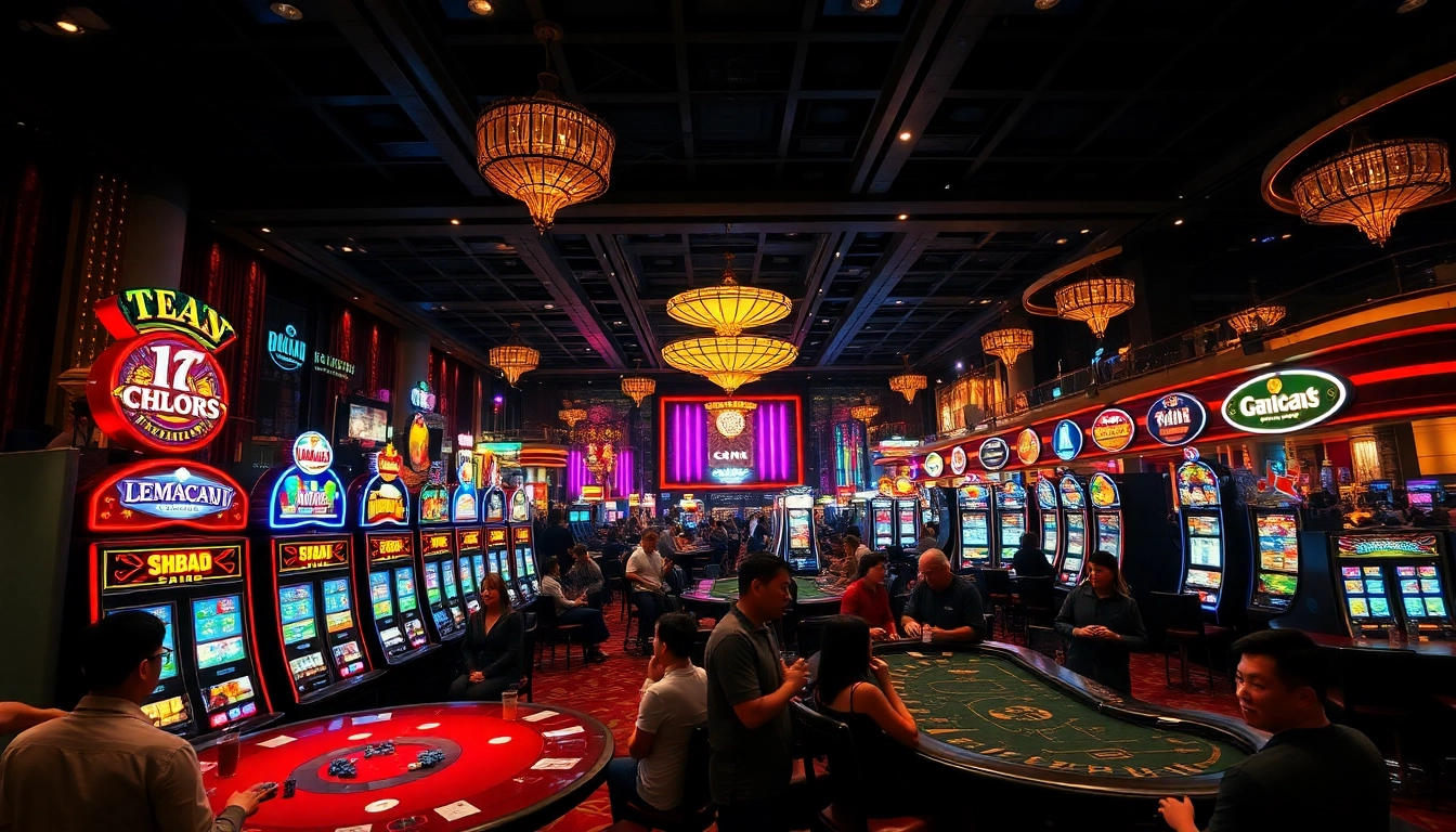 Pengunjung menikmati permainan di lemacau casino yang meriah dengan mesin slot berwarna.