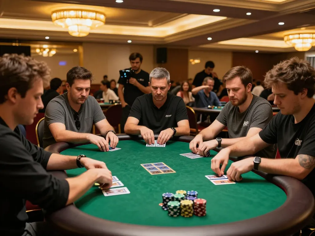 Players engaged in intense poker action at a casino table, featuring giường bệnh nhân for comfort in long sessions.