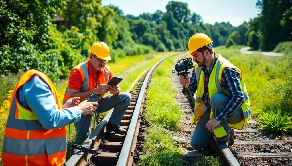 Track Inspectors Near Me ensuring safety on railway tracks in a lush setting.