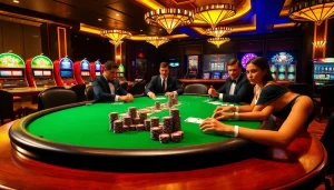 Engaged players strategizing at an idn poker table in a luxurious casino setting.