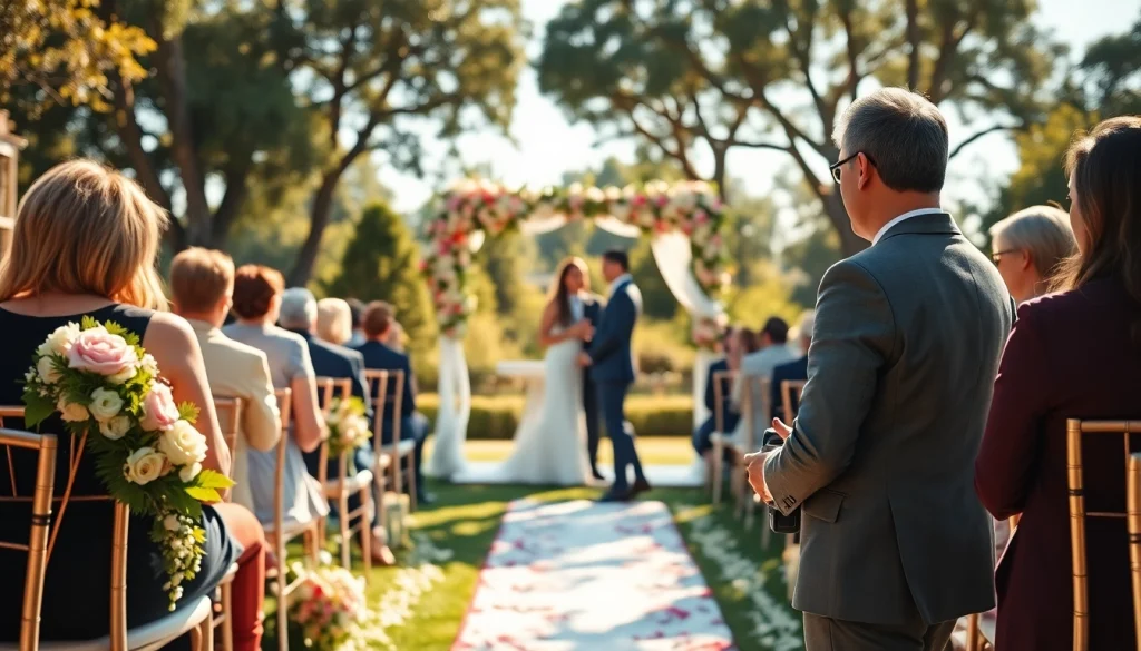 Wedding photographer capturing a couple’s ceremony in a lush garden setting.