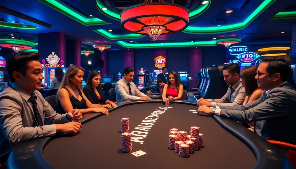 Excited players engaging with KJ C-themed poker and casino games in a vibrant atmosphere.