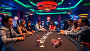 Excited players engaging with KJ C-themed poker and casino games in a vibrant atmosphere.