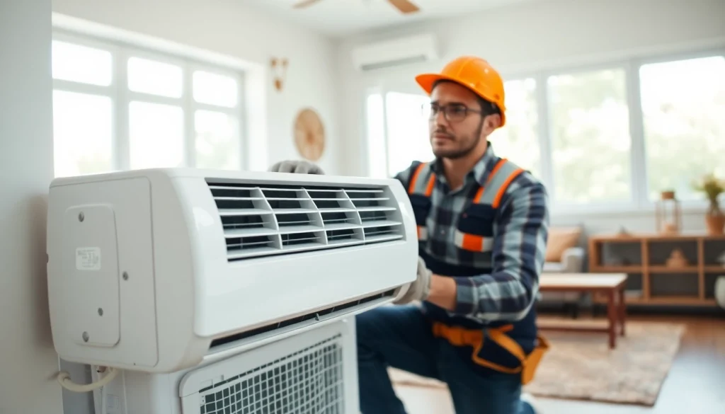 Professional performing AC installation services in a modern living room setting.